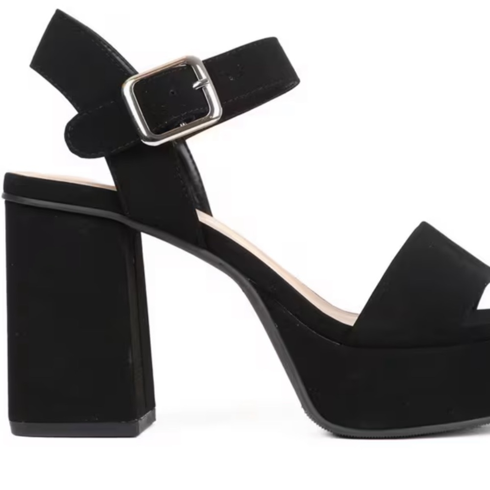 Soda Black Suede-Look Platform Block Heels with Buckle Ankle Strap